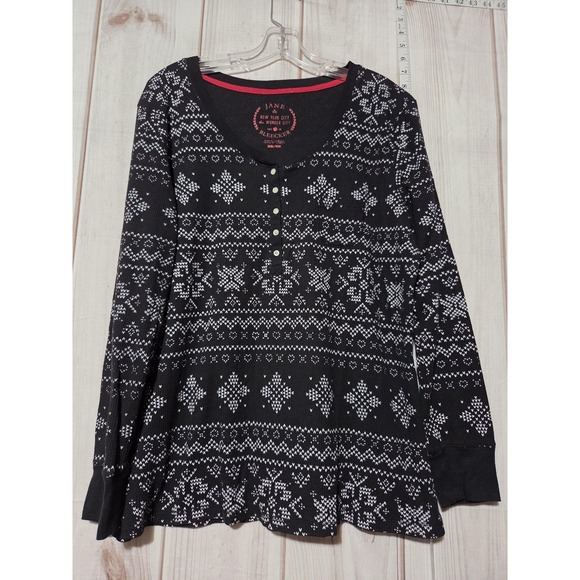 Jane & Bleecker Shirt Womens 2XL Black Thermal Henley Fair Isle Snowflake Knit - Picture 1 of 6
